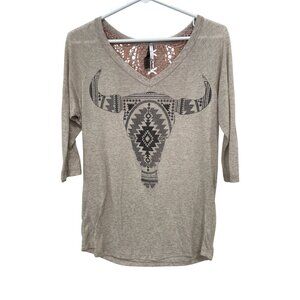 Petrol Aztec Cow Skull 3/4 Sleeve Top Womens M Crochet Lace Back Neutral Western